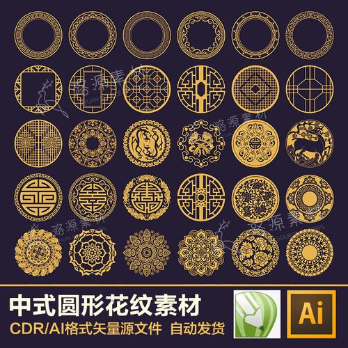 传统中式圆形花纹图案cdr/ai矢量中国风古典纹样元素装饰设计素材
