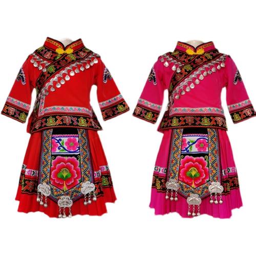 新款彝族女童裙子套装亲子绣花女孩服装彝族火把节生活民族服饰