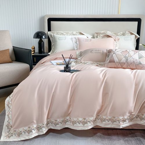高档长绒棉粉色四件套140s全棉纯棉刺绣被套简约纯色床笠床上用品