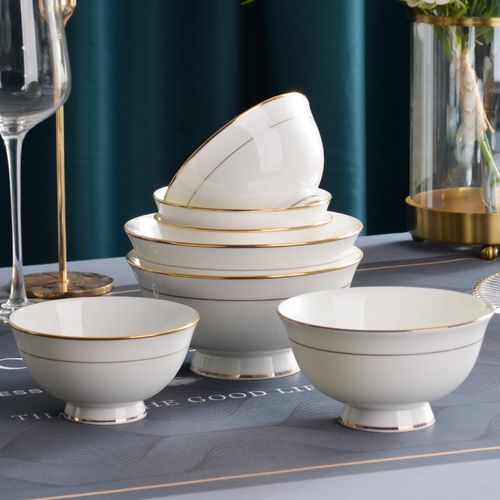 碗10个装 餐具金边骨瓷碗高脚碗4.5英寸米饭碗家用6英寸面碗汤碗