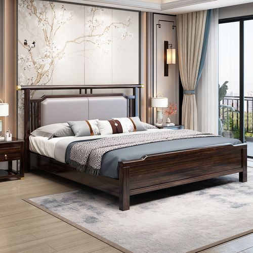 月影梳桐禅意国风双人床简约新中式实木床主卧床现代储物中式床1.8米