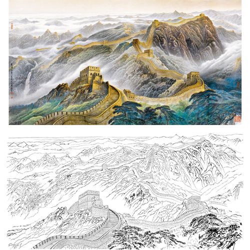 万里长城画稿白描底稿工笔风水国画大幅山水用作临摹手绘勾线fs17