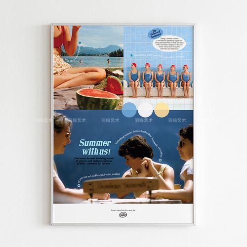 夏日清新简约氛围感装饰相框画芯 唯美海滩风景沙滩拍照背景海报