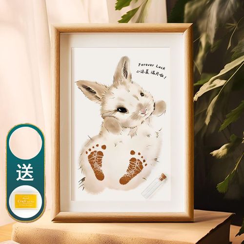 满月纪念手足印宝宝一周岁手脚印画兔宝宝婴儿小兔子脚印金色印台