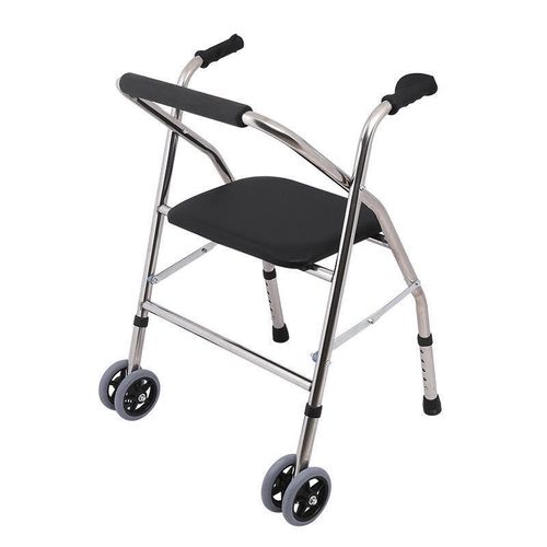 老年人专用不锈钢四脚折叠带轮带座椅子手推学步车拐杖助行器皮革面助