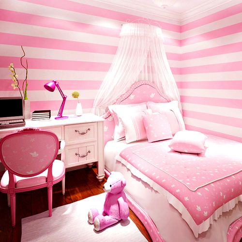竖条条纹壁纸粉红粉色公主儿童房间温馨女孩女生无纺布墙纸
