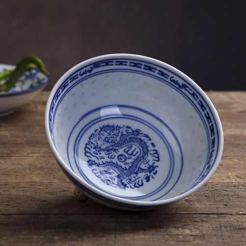 景德镇青花玲珑瓷碗老式复古面碗米饭碗中餐厅摆台碗