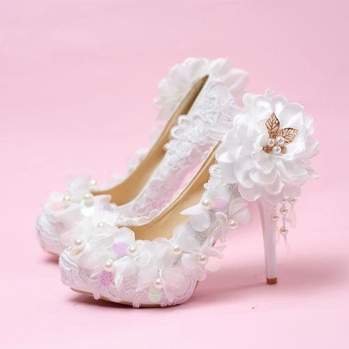 婚鞋蕾丝亮片花朵 韩版公主高跟鞋女单鞋新娘结婚鞋细跟鞋