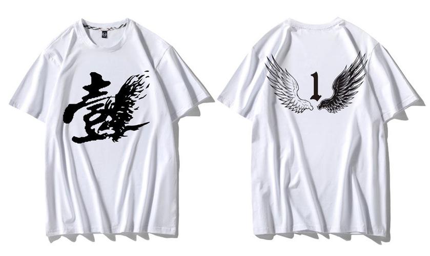 1班班服图案设计:正面是繁体字"壹"与老鹰的创意设计;背面是一双黑白