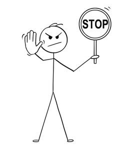 拒绝近视眼动画动画片的人持有停止标志和显示停止手势照片