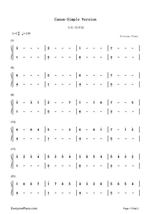 卡农-简单版双手简谱预览1-钢琴谱文件(五线谱,双手简谱,数字谱,midi