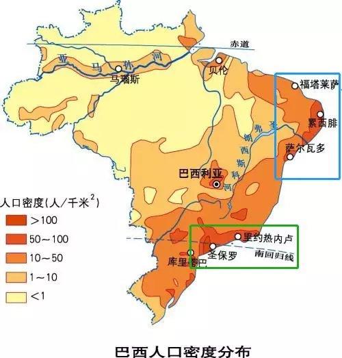 巴西人口密度图,东南和东北沿海是巴西的核心地区,其他地区,由于
