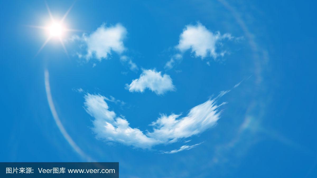 夏季背景-蓝色的天空与云朵和太阳作为一个积极的笑脸图标的表情符号