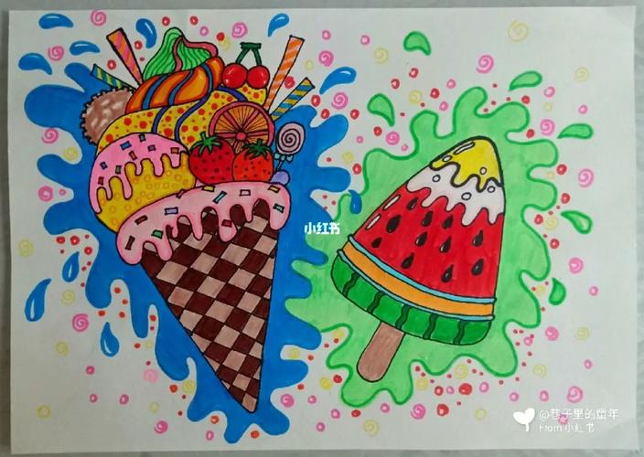 让孩子感受夏日缤纷的色彩搭配,通过创意绘画的表现形式,感知冰激凌