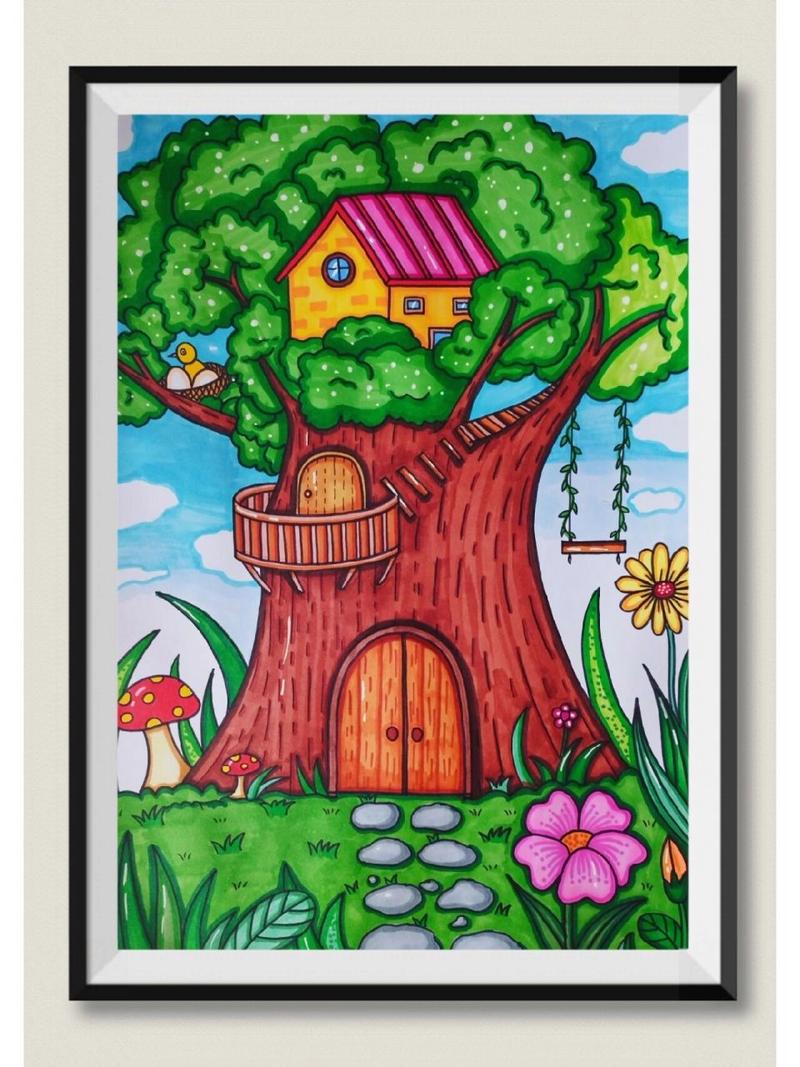 《树屋》绿色家园主题画 在树上的房子,绿色的家园,童话世界