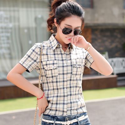[狂欢价] 2015夏季薄款清新淡雅韩版修身 格子衬衫女 短袖