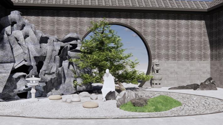 新中式禅意庭院景观 假山石头 枯山水