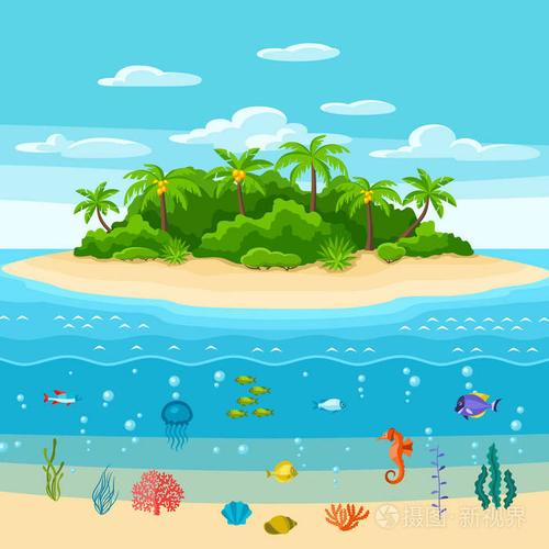 插画 热带海岛的例证在海洋.景观与海洋, 棕榈树和水下生活.旅游背景.