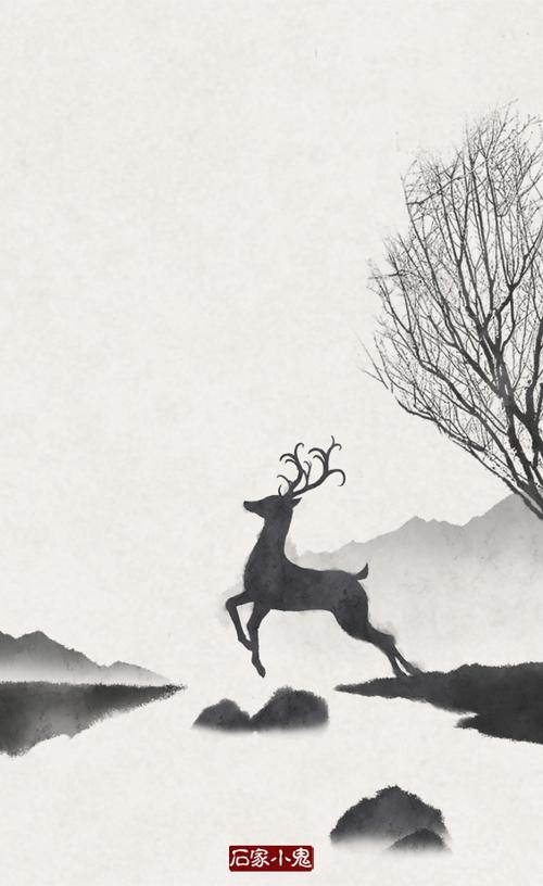 这一幅水墨画的梅花鹿,画面构图是很有感觉的,有些空灵.