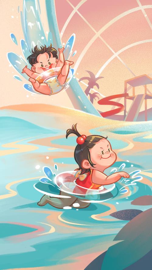 女宝男宝在水上乐园游泳滑滑梯跳水 - 呀哆 - 原创作品 - 视觉中国