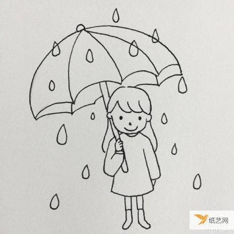 这一幅简笔画当中有一个雨中的小女孩打着一把雨伞面部带着笑容看