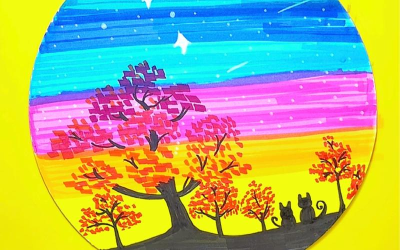 马克笔风景画:樱花树下看星星的两只小猫咪