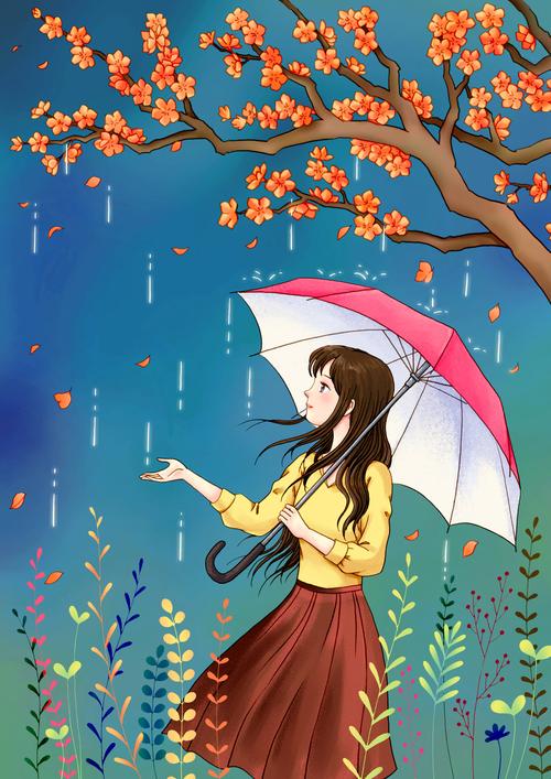 在深林天空下撑红伞的黄衣少女