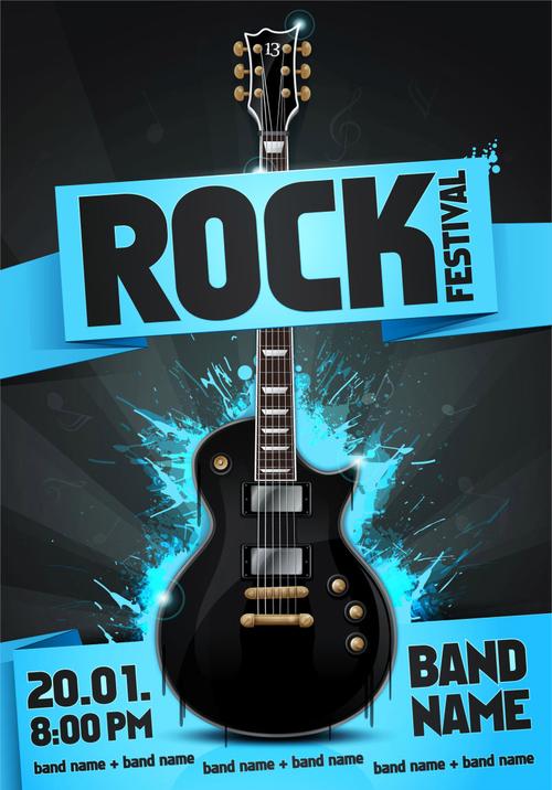 创意吉他元素的矢量摇滚音乐海报设计