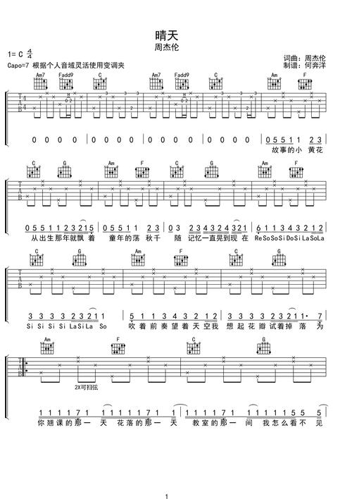 周杰伦《晴天》c调简单版c调六线pdf谱吉他谱-虫虫吉他谱免费下载