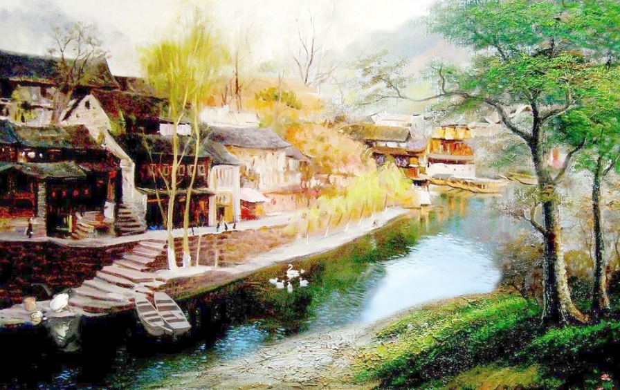 美丽的山村油画欣赏:小桥流水,你喜欢吗