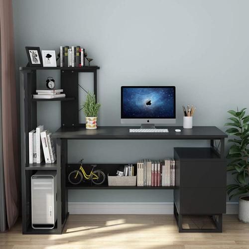 用于小空间的电脑桌家庭办公桌,带转角塔搁板和两个抽屉