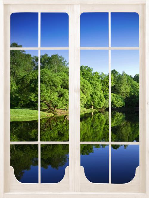 仿真立体假窗户壁画竖款仿真假窗户自粘贴纸水墙贴画装饰森林风景竹林