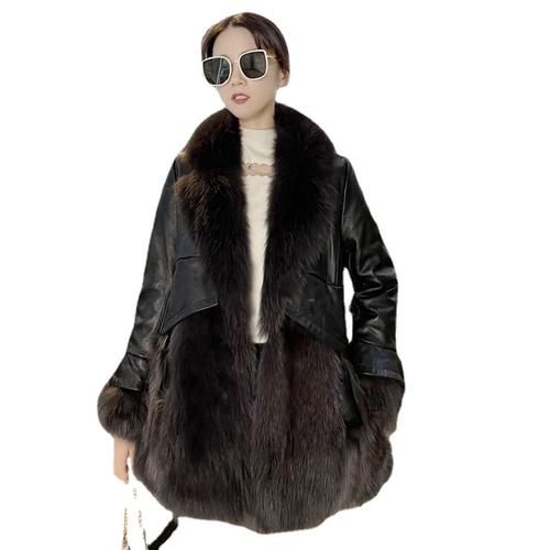 仿狐狸毛皮草外套中长款拼接皮衣修身2021年冬季新款韩版女装黑色