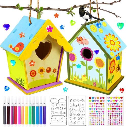 跨境木制鸟屋玩具拼图礼物 diy手工套装木制鸟窝手工用于绘画涂鸦