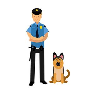 与德国牧羊犬警犬矢量图蓝色制服站在警察字符卡通保安警察和警犬警犬
