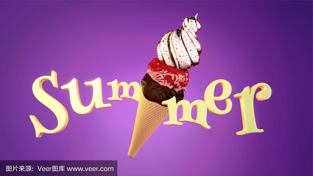 夏天,闪亮的,三维图形,紫色背景,文字