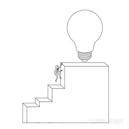 女实业家攀登楼梯块结构与灯泡在顶部单色剪影点缀插画-正版商用图片0