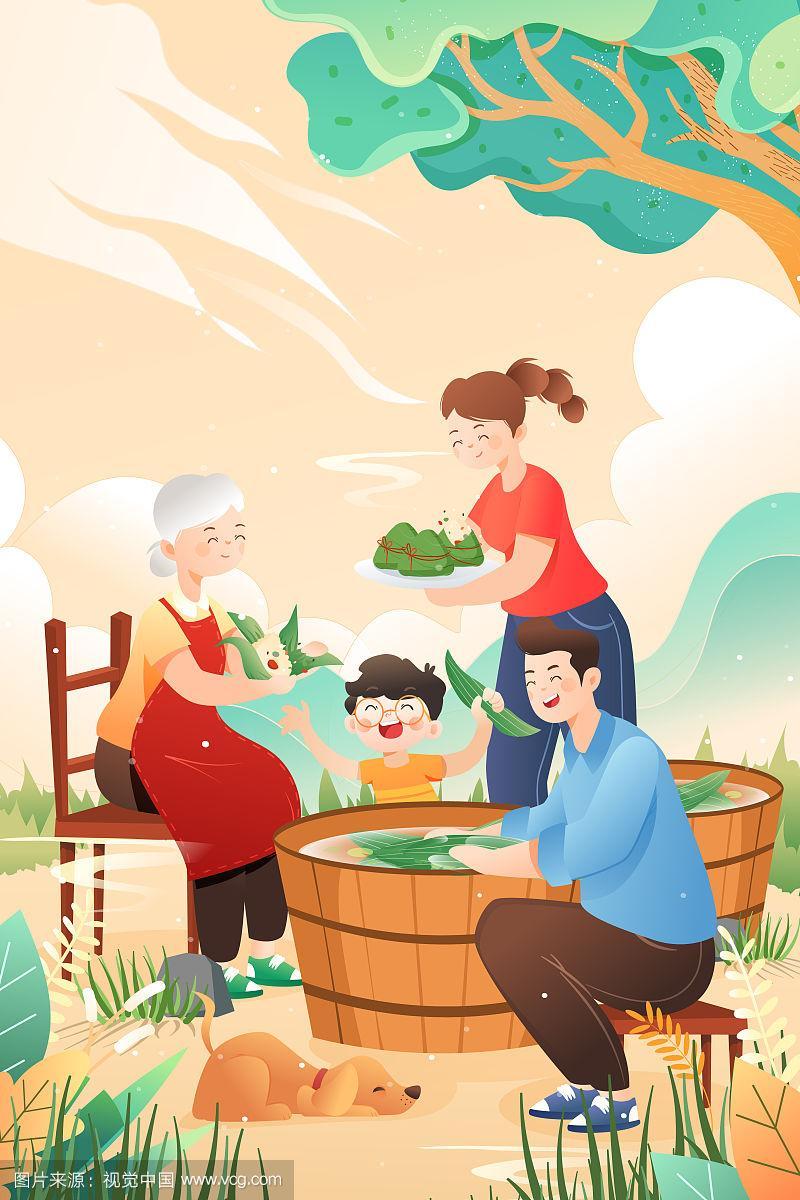 卡通端午节家人团圆包粽子中国风传统节日习俗背景矢量插画