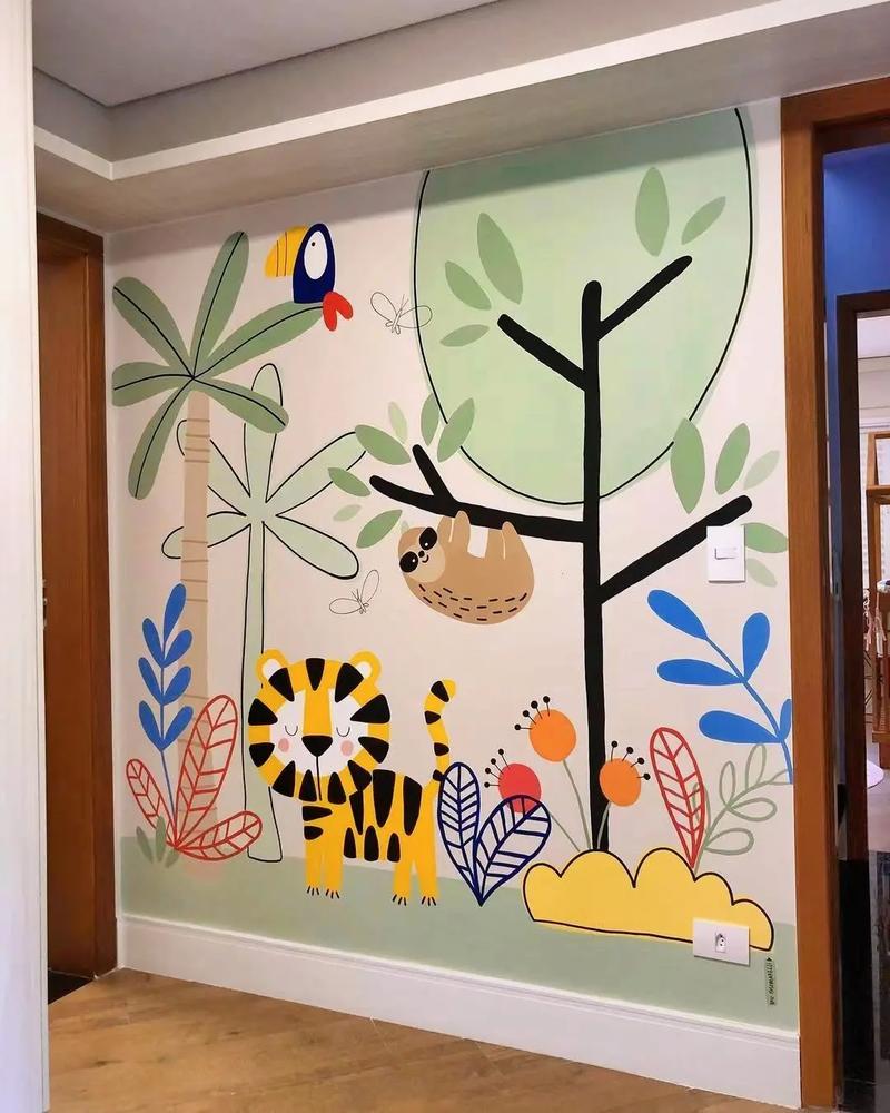 插画风儿童房墙绘壁画手绘背景墙,温馨又耐看的房间,祝大家六一 - 抖