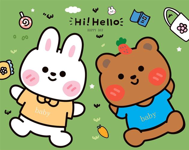 一只可爱的卡通熊和兔子为背景的每天开心文字手机壁纸