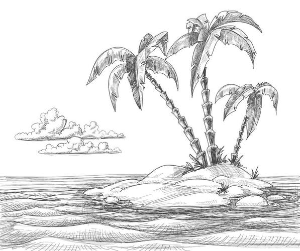 沙滩上的椰子树简笔画图片_简笔画 - 搜图案网