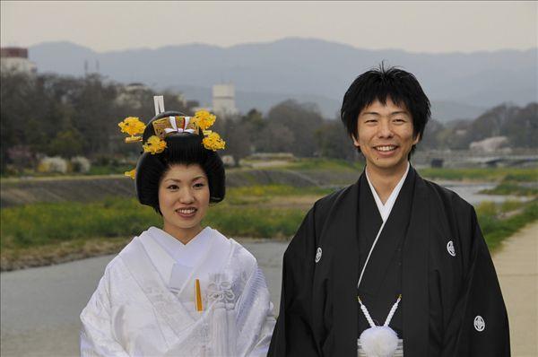 传统,日本,婚礼,伴侣,穿,和服,新娘,发型,河,京都,亚洲