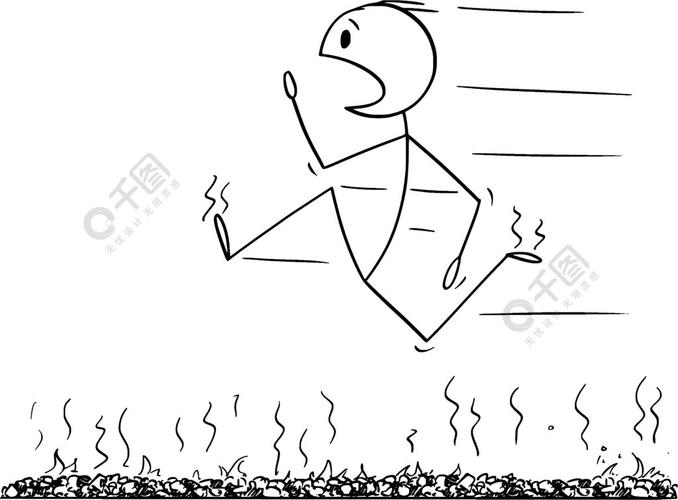 矢量卡通棒图绘制走火线人或商人在恐慌中快速奔跑或在热余烬或石头床