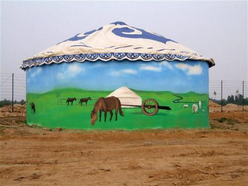 蒙古包生活场景摔跤活动墙绘