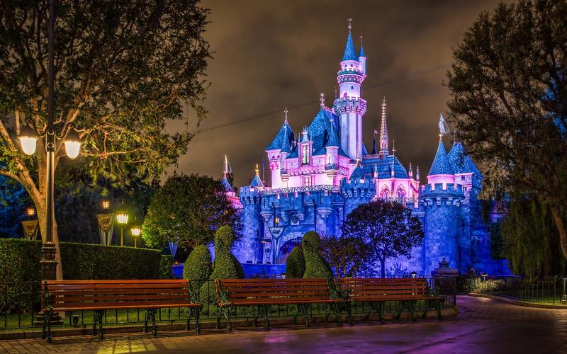 壁纸 迪士尼乐园城堡,蓝色的风格,夜晚