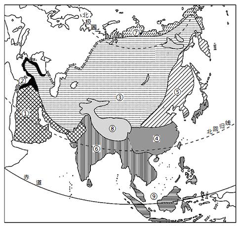 读亚洲部分地区图完成下列各题