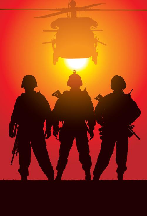 三个士兵和直升飞机剪影矢量