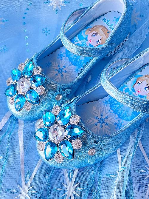 女童高跟鞋 儿童水晶鞋闪亮小女孩软底皮鞋蓝色爱莎公主鞋 蓝色 23