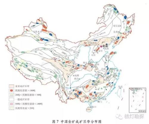 中国金矿成矿区带分布图