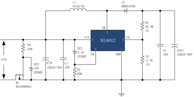 xl6012,10~22v输入,输出24v/1.3a的应用电路
